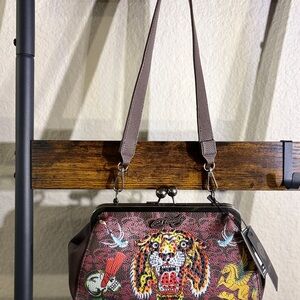 Ed Hardy Tiger Kiss Lock Skull Pegasus Shoulder Bag Y2K Rhinestone Tattoo NWT